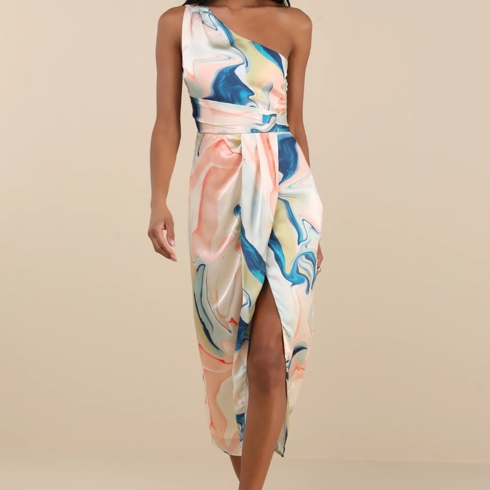 Lulu's Rema Elegant One-Shoulder Multicolor Watercolor Dress